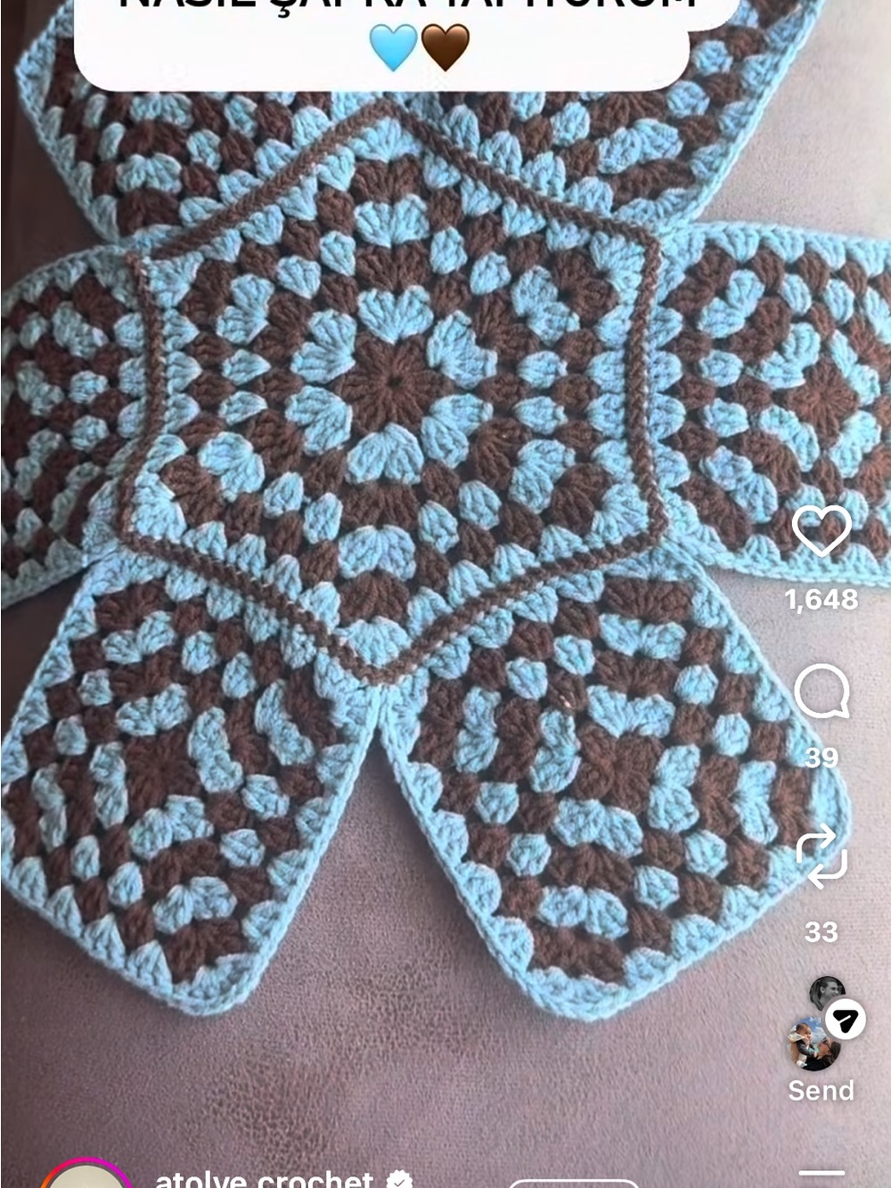 Handmade Crochet Star Neck Scarf - Light Blue & Brown